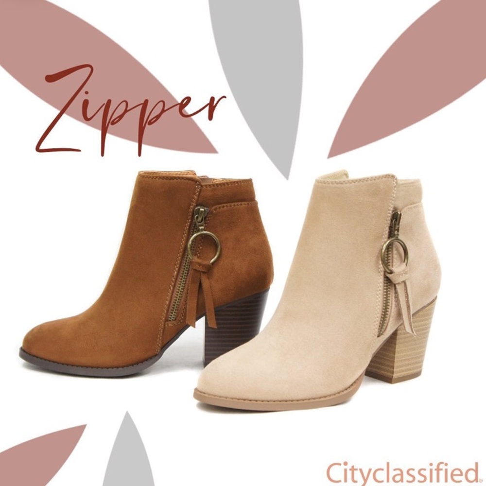 1 Left! Zipper Beige Faux Suede Heel Ankle Bootie - Picture 2 of 9
